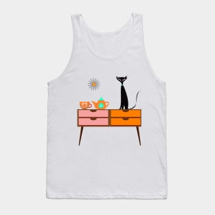 Mid Century Cat with a Cup of Tea Sitting on a Retro Table. Tank Top